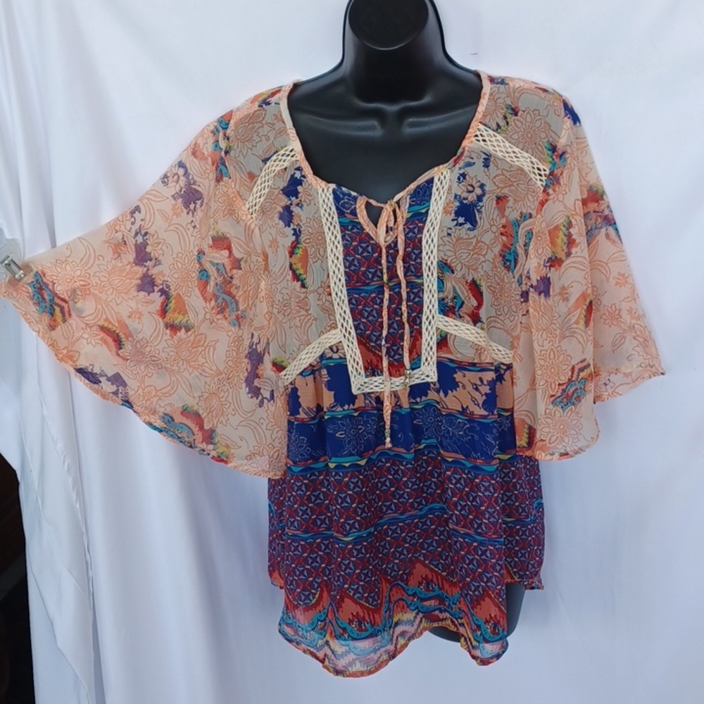 Millenium Sheer Tunic Top Orange Floral, Flutter Sleeve, M, 21" PTP, 28" L